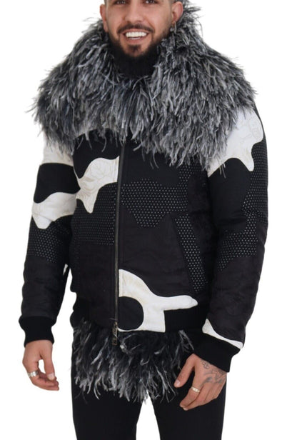 Veste à fermeture éclair intégrale en peau de mouton et fourrure noire et blanche de Dolce & Gabbana