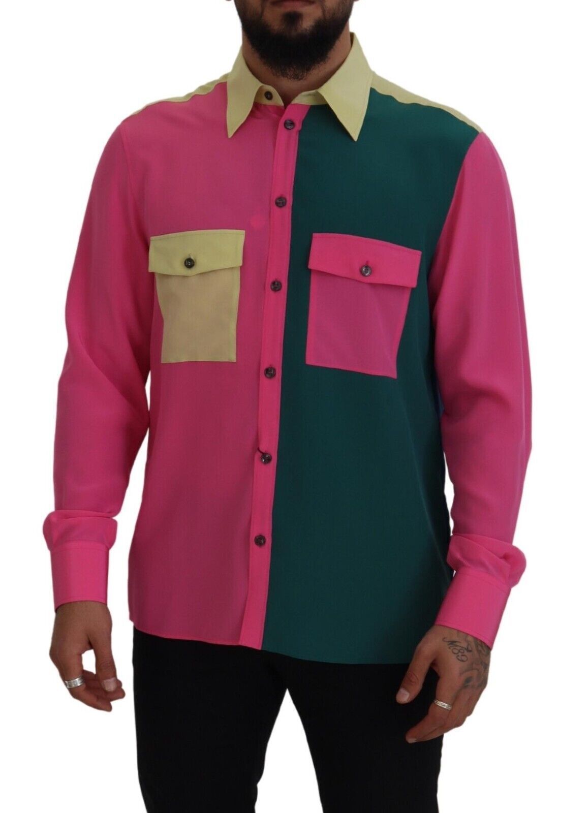 Chemise en soie à boutons multicolores et patchwork de Dolce &amp; Gabbana