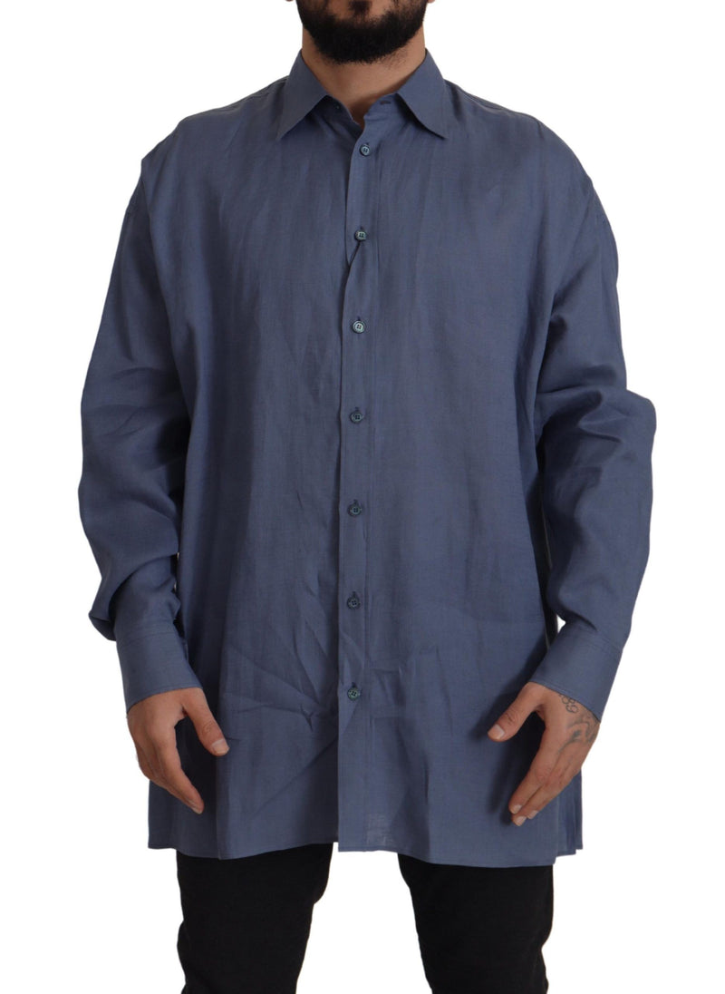 Chemise habillée homme en lin bleu foncé, coupe ajustée, Dolce &amp; Gabbana