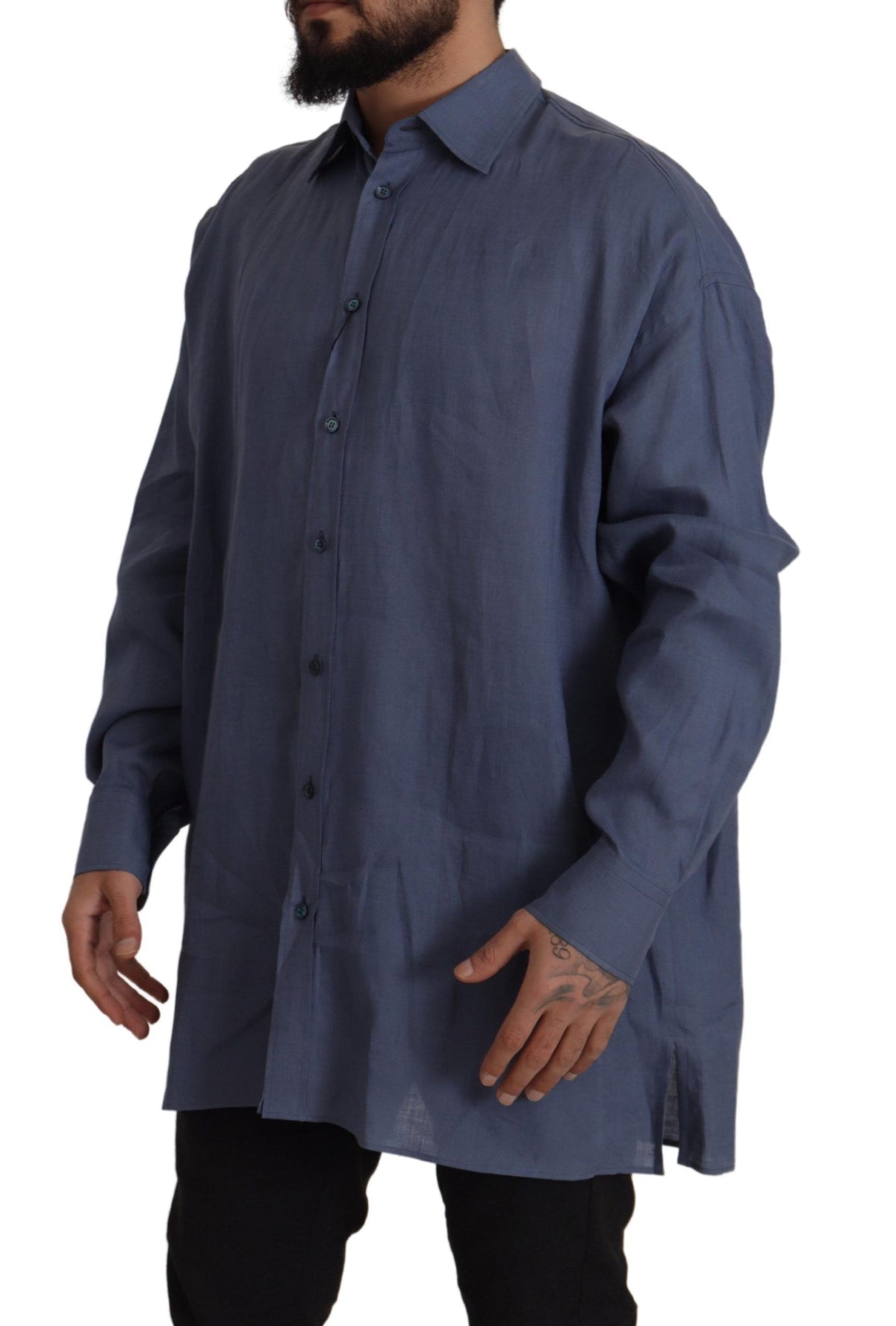 Chemise habillée homme en lin bleu foncé, coupe ajustée, Dolce &amp; Gabbana