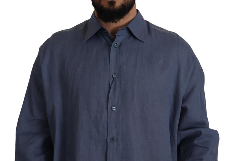 Chemise habillée homme en lin bleu foncé, coupe ajustée, Dolce &amp; Gabbana