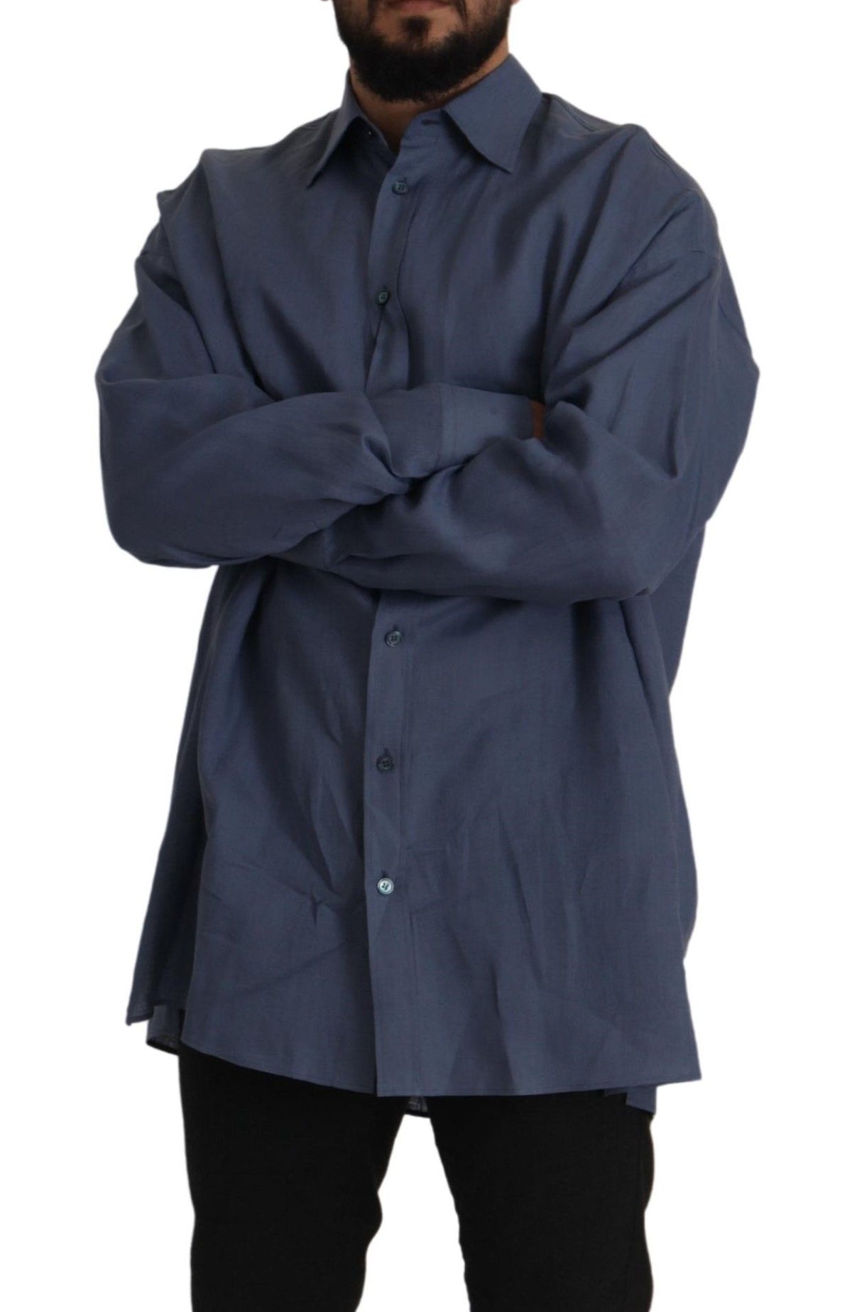 Chemise habillée homme en lin bleu foncé, coupe ajustée, Dolce &amp; Gabbana