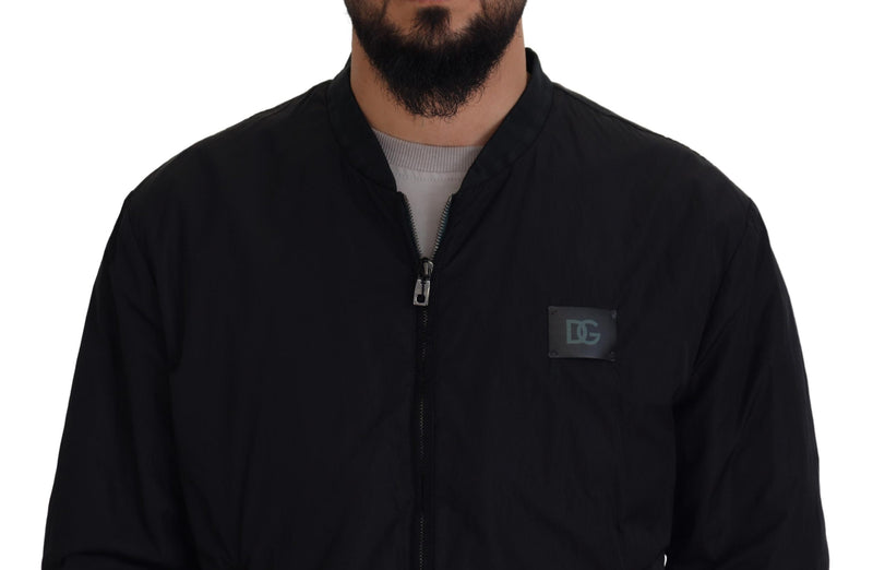 Dolce & Gabbana Zwarte Nylon Bomberjas met Logo en Ritssluiting