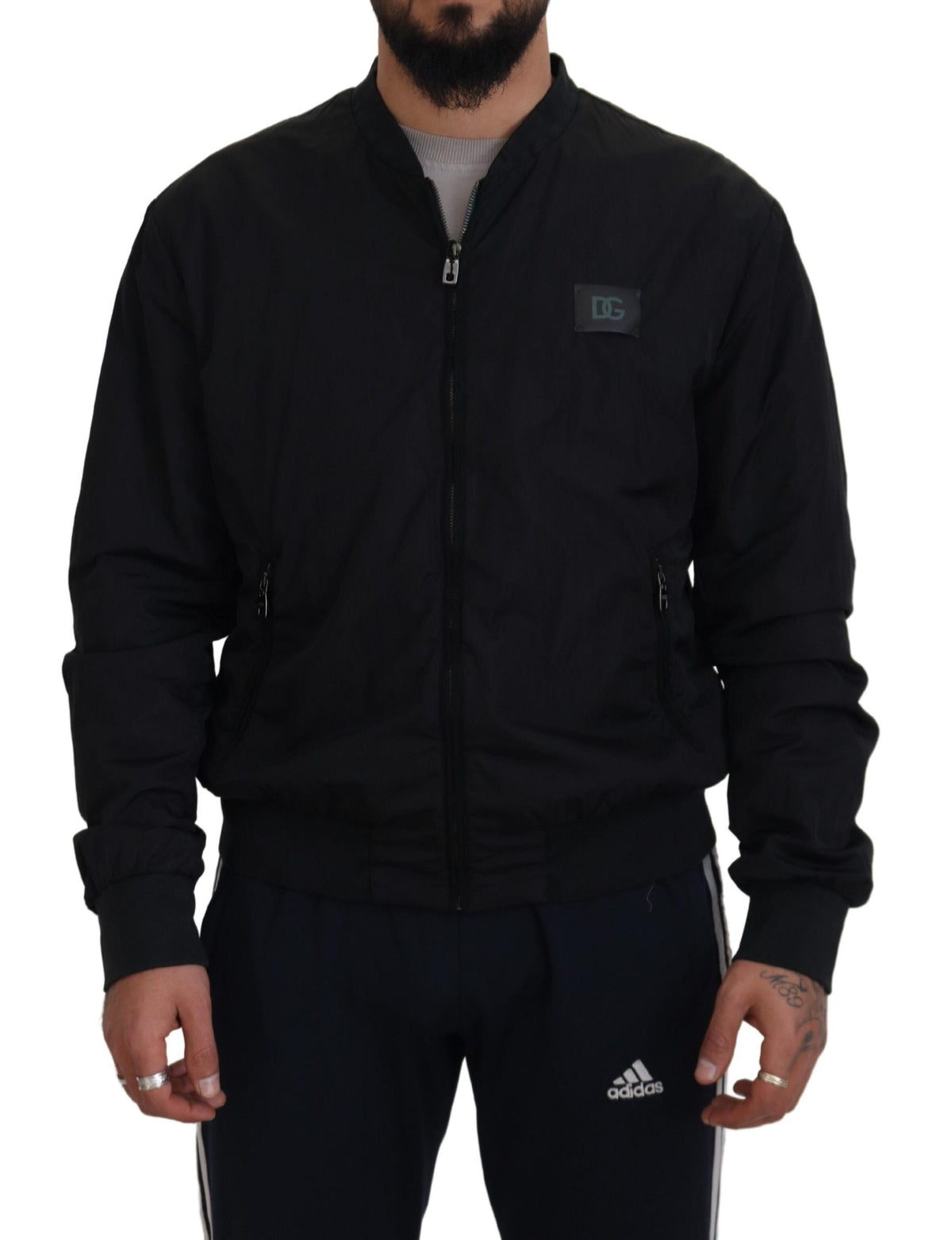 Veste bomber à fermeture éclair en nylon noir avec logo Dolce & Gabbana