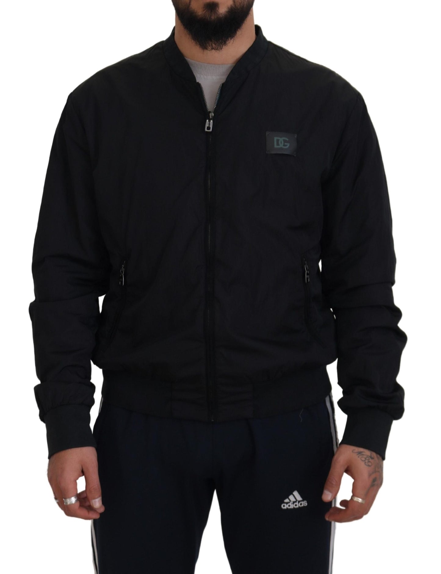 Veste bomber à fermeture éclair en nylon noir avec logo Dolce & Gabbana