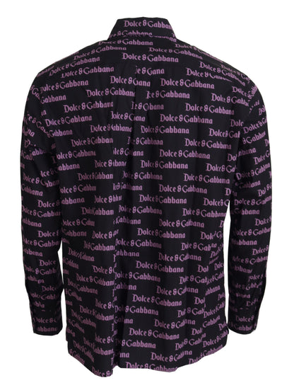 Dolce &amp; Gabbana zwart paars logo slim fit overhemd, formeel.