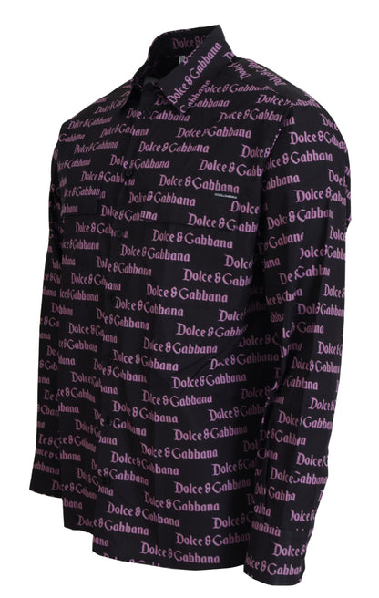 Dolce &amp; Gabbana zwart paars logo slim fit overhemd, formeel.