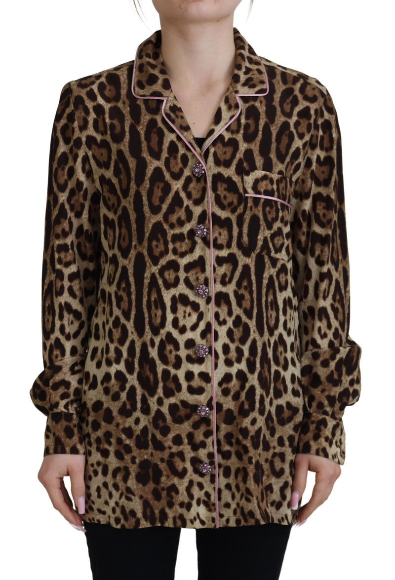 Dolce & Gabbana Blouse Top en Soie Imprimé Léopard Marron