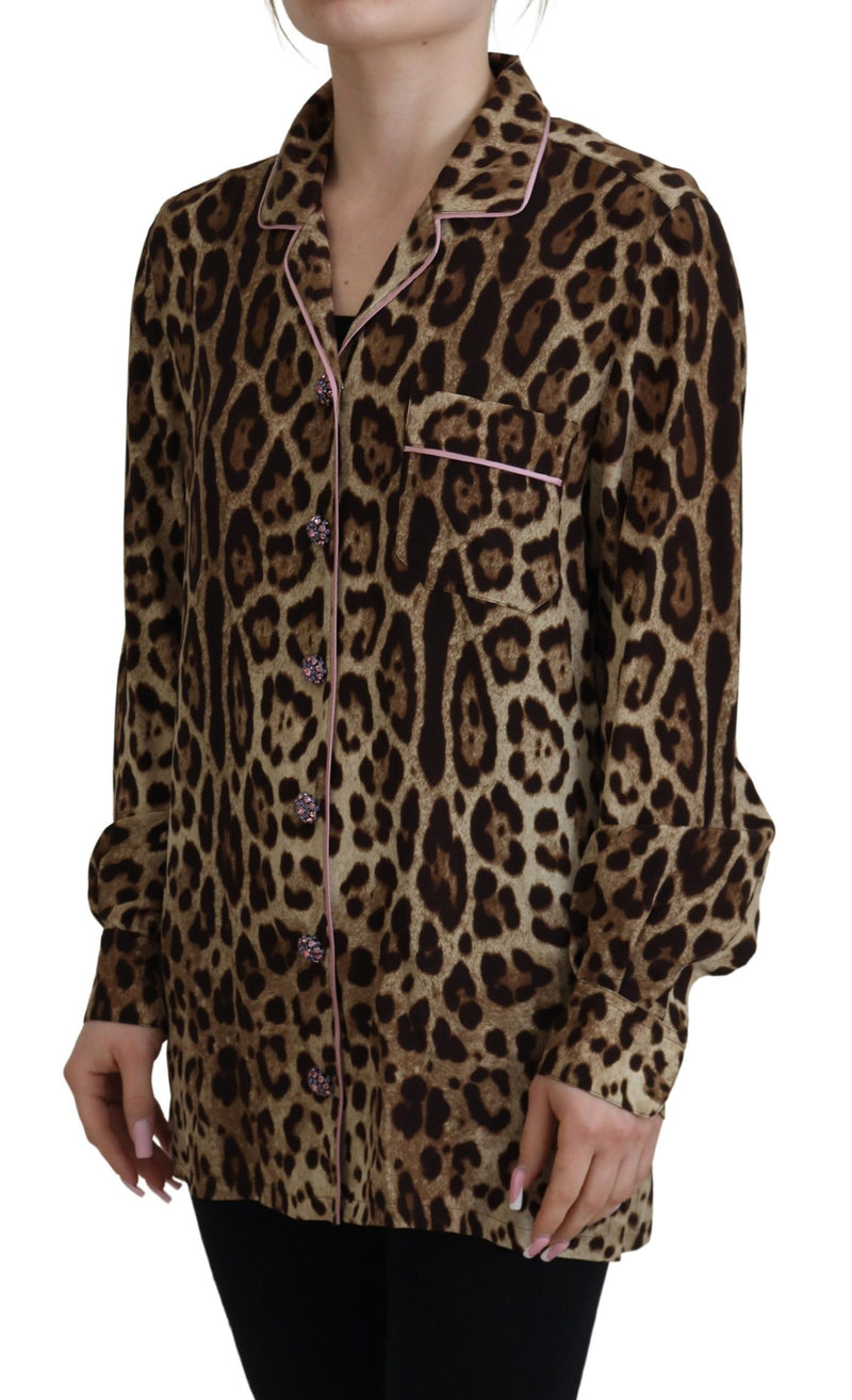 Dolce & Gabbana Blouse Top en Soie Imprimé Léopard Marron