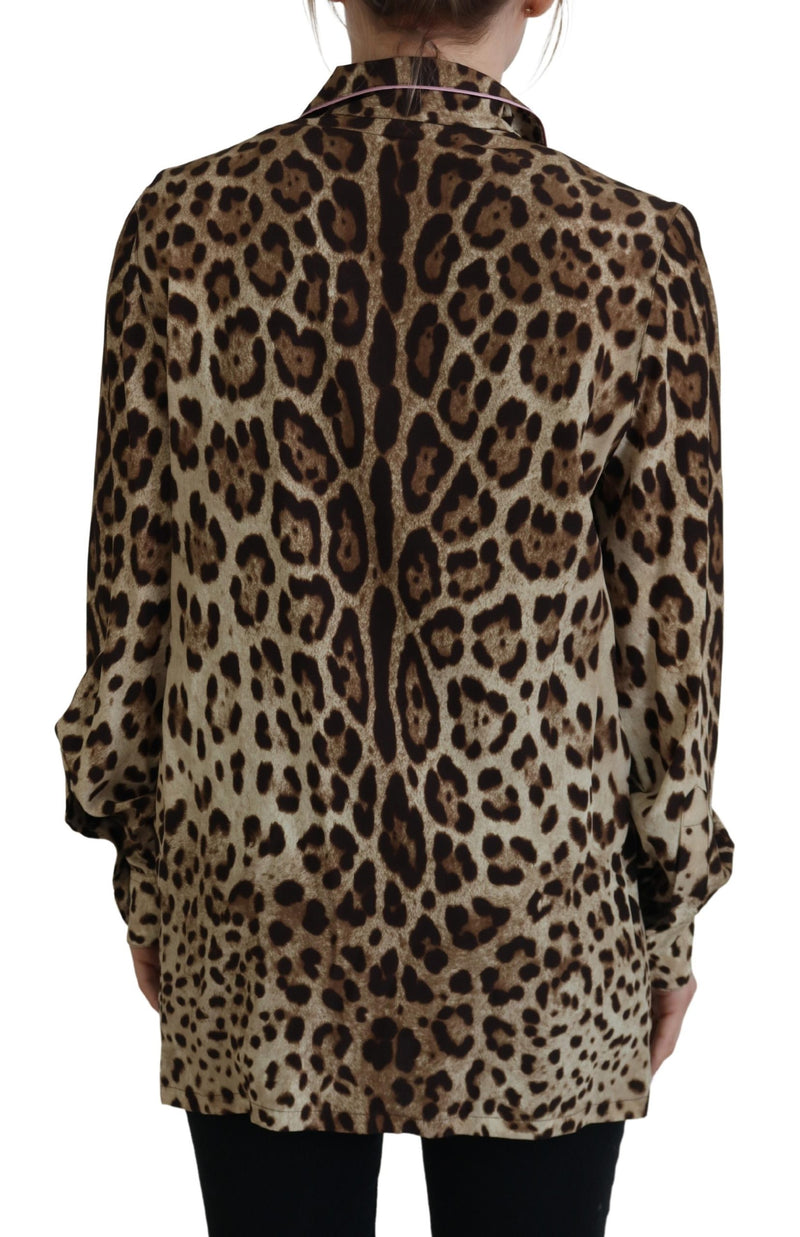 Dolce & Gabbana Blouse Top en Soie Imprimé Léopard Marron