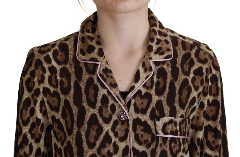 Dolce & Gabbana Blouse Top en Soie Imprimé Léopard Marron