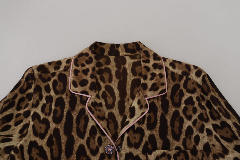 Dolce & Gabbana Blouse Top en Soie Imprimé Léopard Marron