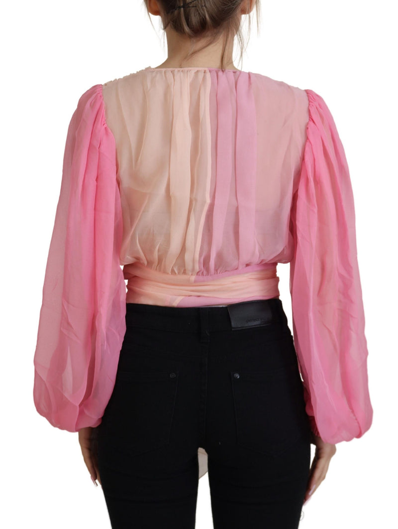 Dolce & Gabbana Blouse Top en Soie Rose à Manches Longues