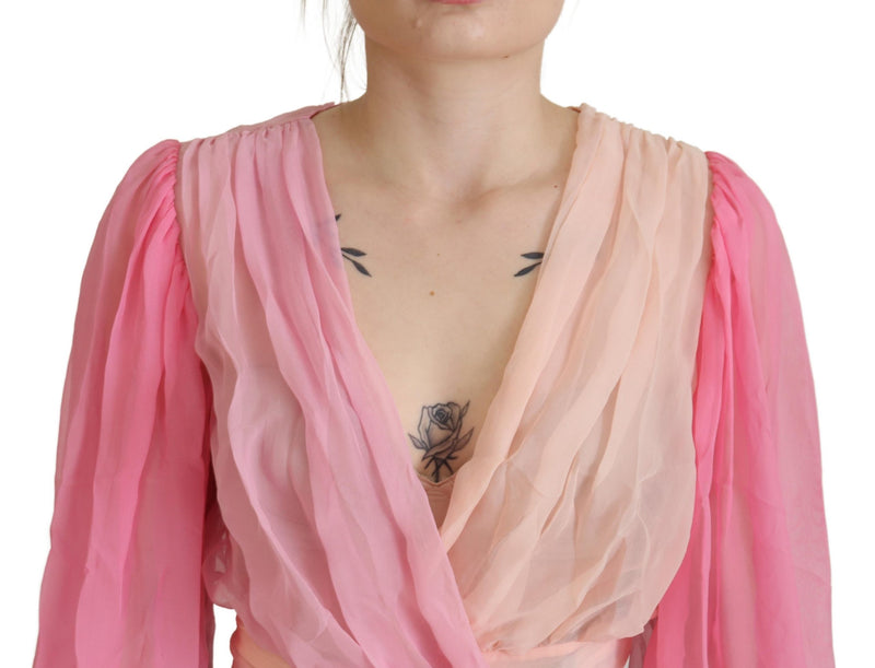 Dolce & Gabbana Blouse Top en Soie Rose à Manches Longues