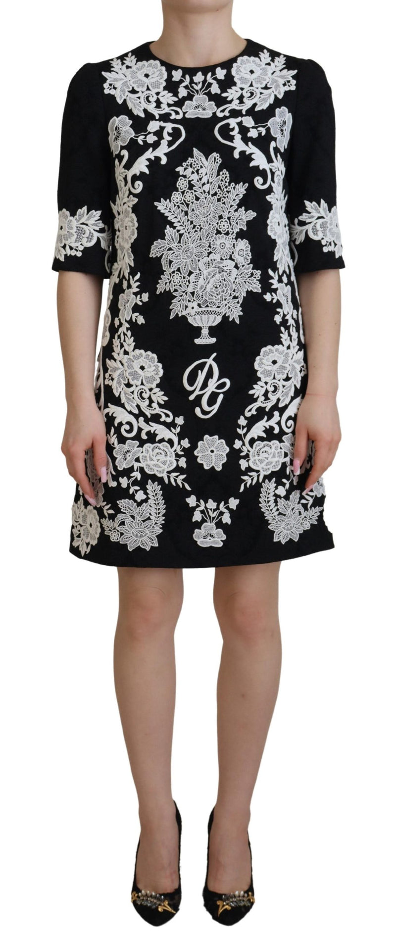 Robe A-line à Manches Mi-longues en Dentelle Noire Dolce & Gabbana