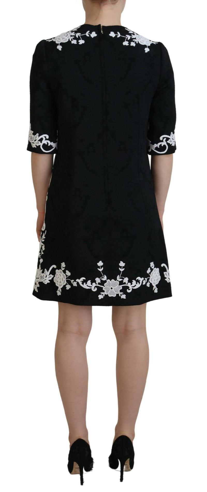 Robe A-line à Manches Mi-longues en Dentelle Noire Dolce & Gabbana