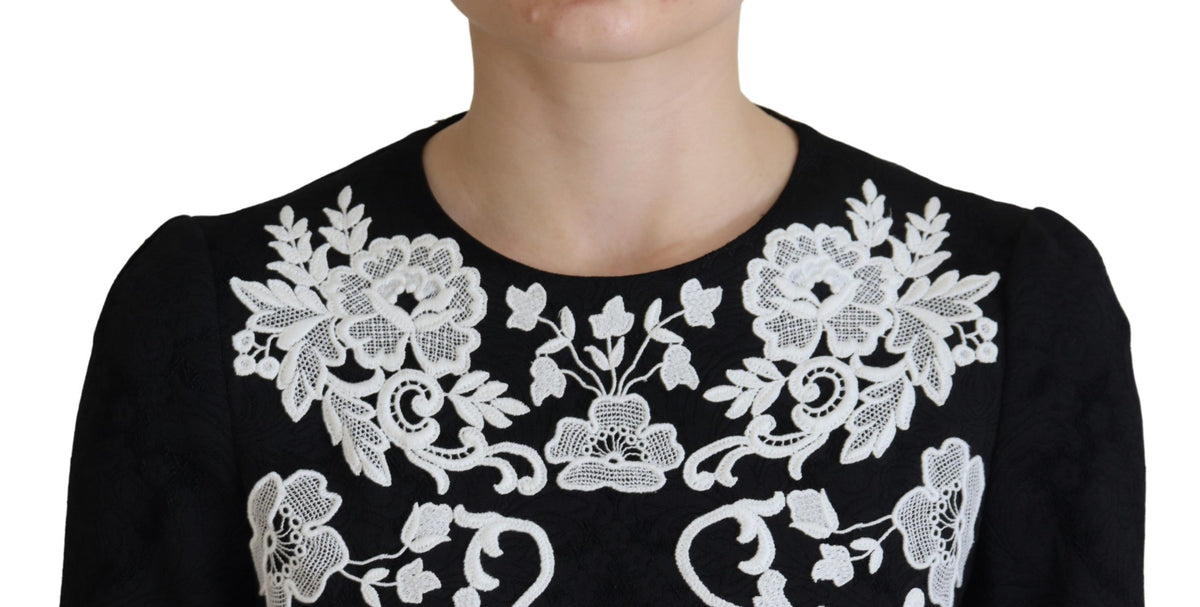 Robe A-line à Manches Mi-longues en Dentelle Noire Dolce & Gabbana