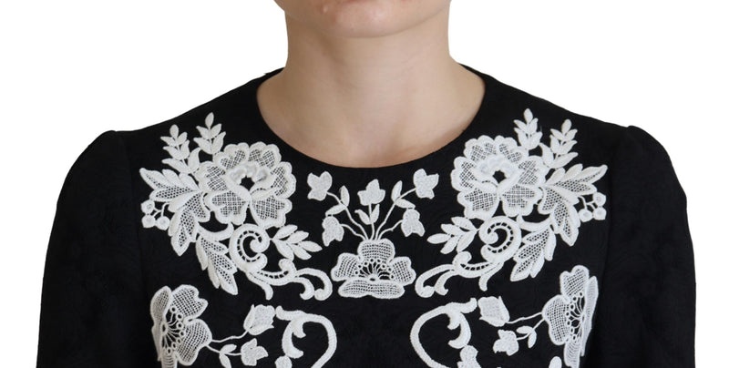 Robe A-line à Manches Mi-longues en Dentelle Noire Dolce & Gabbana