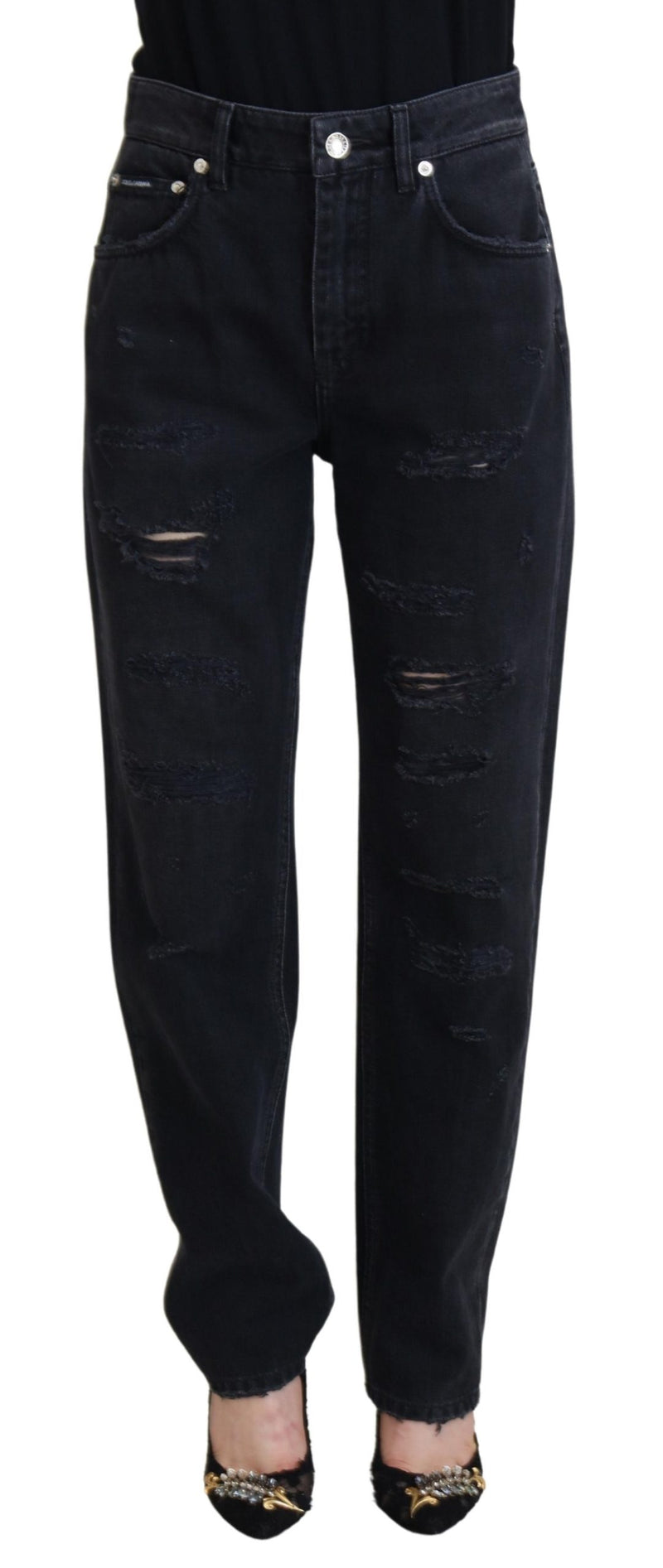 Dolce & Gabbana Jeans en Denim Noir Tattered Taille Haute