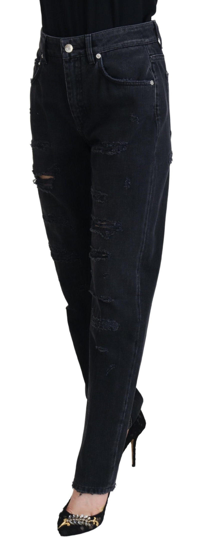 Dolce & Gabbana Jeans en Denim Noir Tattered Taille Haute