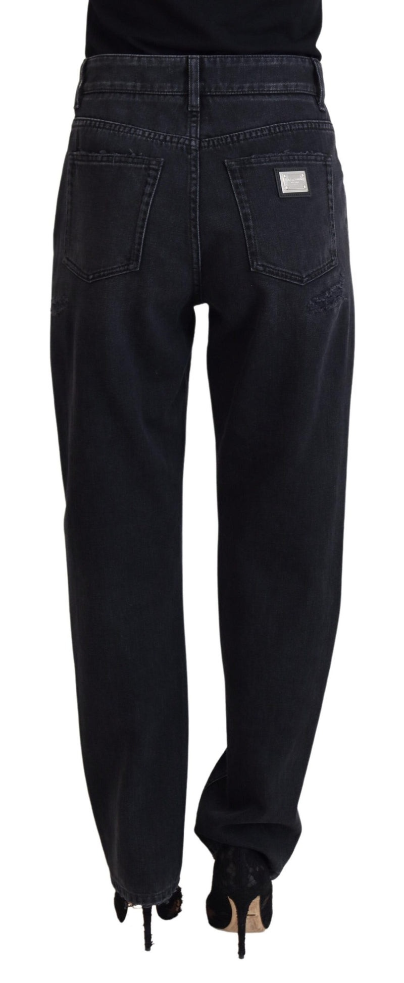 Dolce & Gabbana Jeans en Denim Noir Tattered Taille Haute