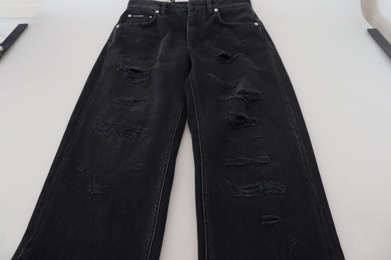 Dolce & Gabbana Jeans en Denim Noir Tattered Taille Haute