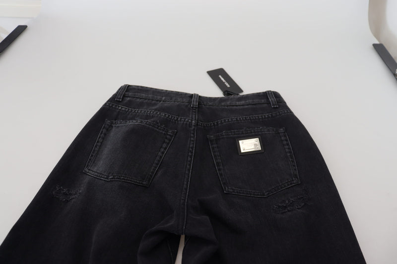 Dolce & Gabbana Jeans en Denim Noir Tattered Taille Haute