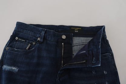 Dolce & Gabbana blauwe, smalle, versleten spijkerbroek van katoen