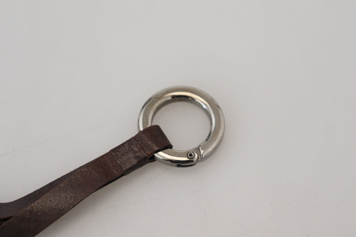 Costume National Brown Leather Keyring with Silver Tone Metal