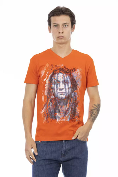 Trussardi heren T-shirt met V-hals, gemaakt van oranje katoen.