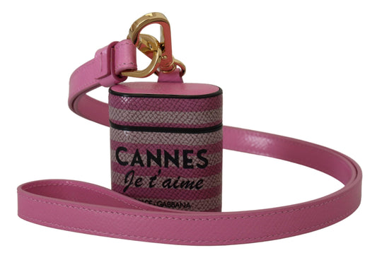 Étui pour Airpods Dolce & Gabbana avec bracelet en cuir rose et noir et logo en métal doré