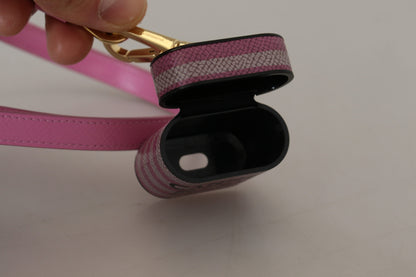 Étui pour Airpods Dolce & Gabbana avec bracelet en cuir rose et noir et logo en métal doré