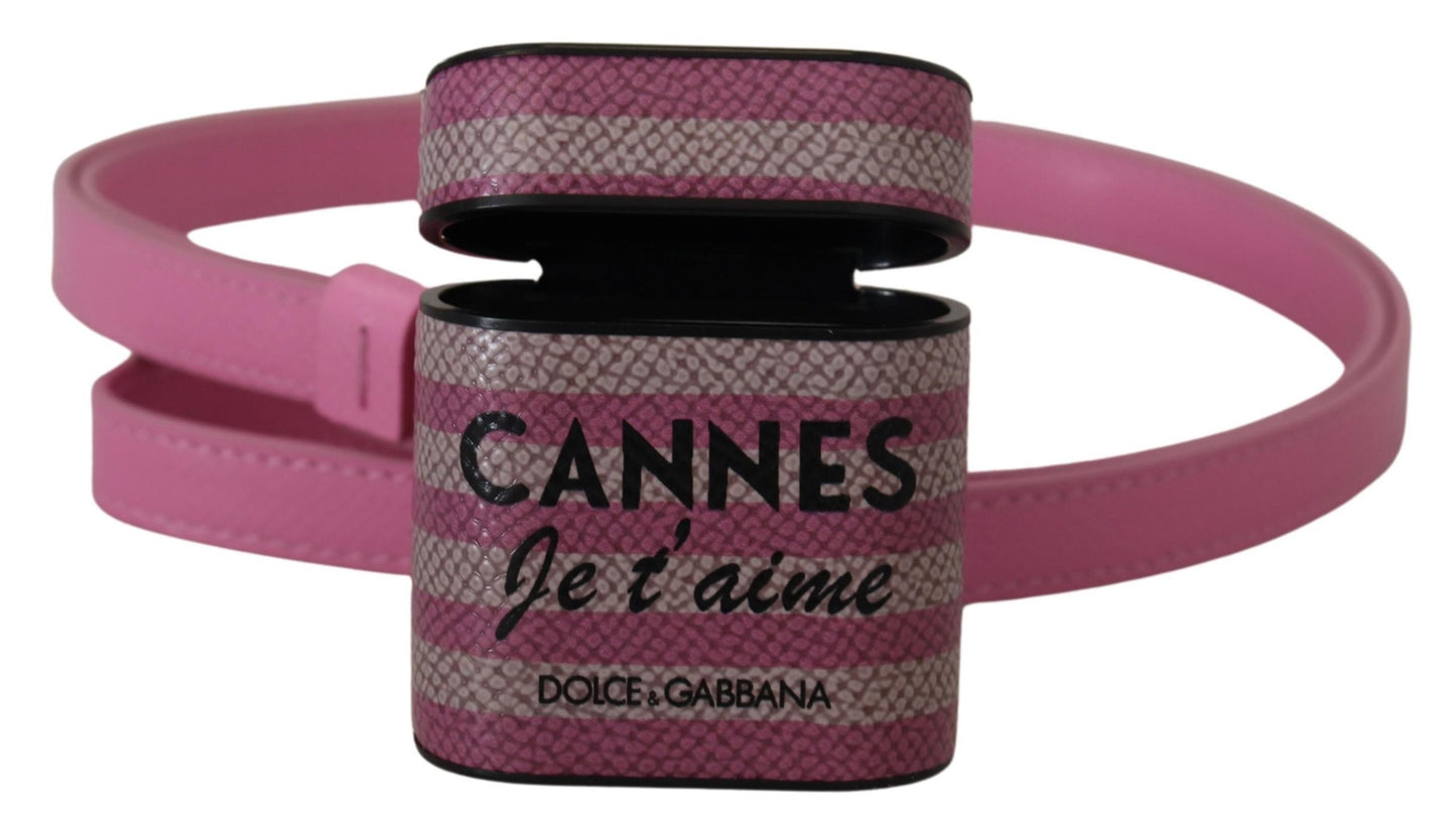 Étui pour Airpods Dolce & Gabbana avec bracelet en cuir rose et noir et logo en métal doré