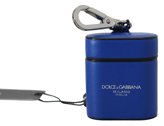 Étui pour Airpods Dolce & Gabbana en cuir bleu avec logo en métal argenté