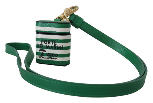 Étui pour Airpods Dolce & Gabbana avec bracelet en cuir vert et logo en métal doré