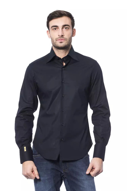 Chemise homme en coton bleu, couture italienne de luxe.