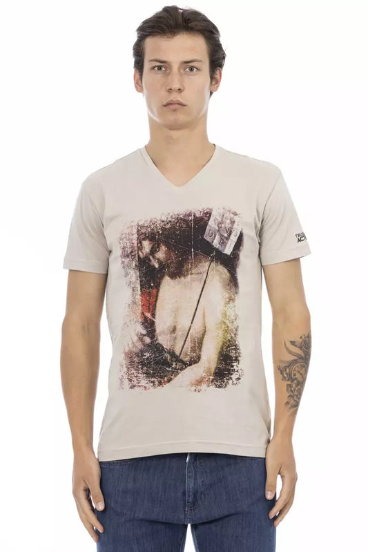 T-shirt homme à col en V en coton beige de Trussardi Action