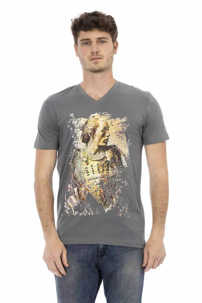 T-shirt homme à col en V en coton gris de Trussardi