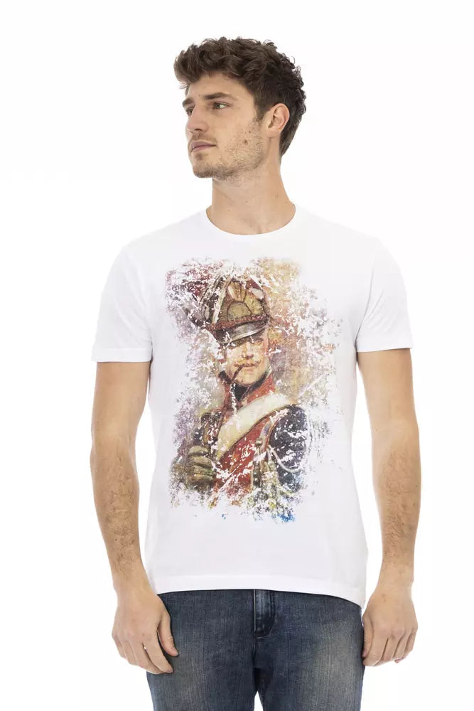 T-shirt blanc en coton mélangé à imprimé graphique sur le devant, Trussardi Action Sleek.