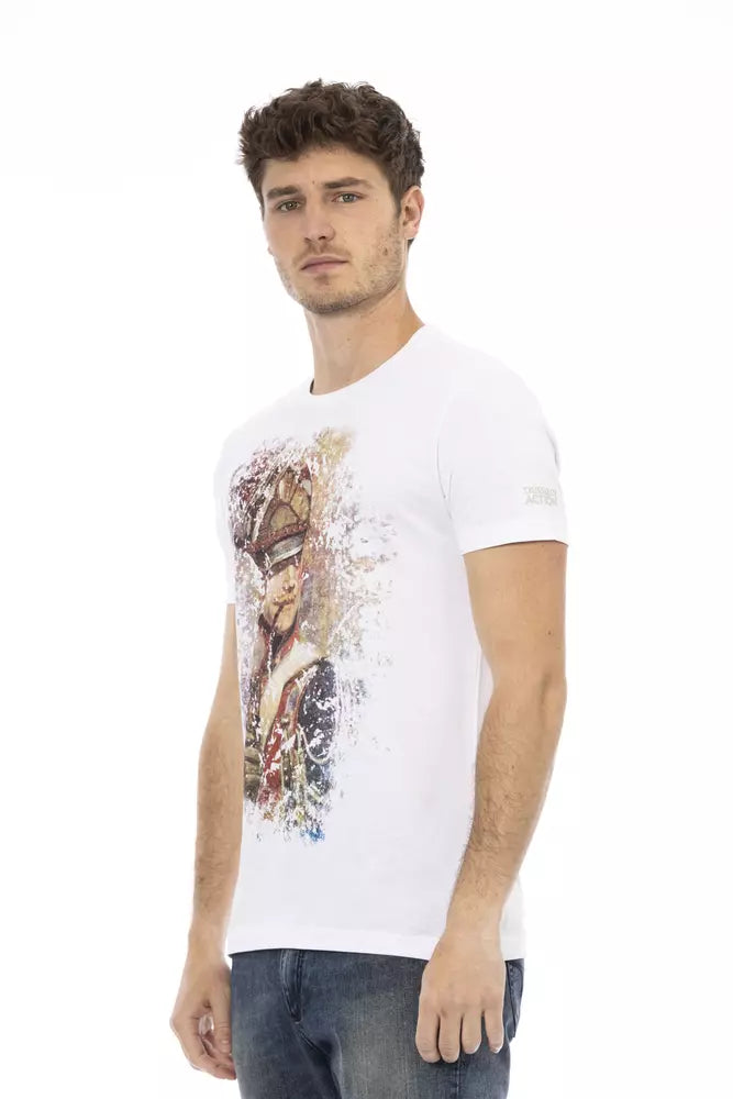 T-shirt blanc en coton mélangé à imprimé graphique sur le devant, Trussardi Action Sleek.