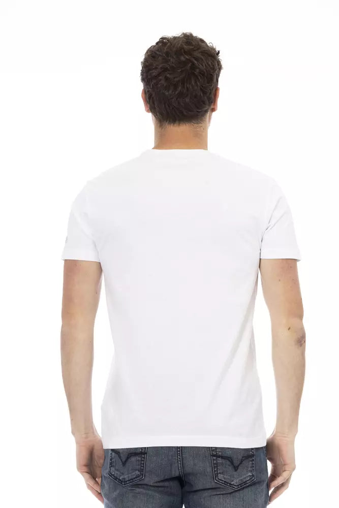T-shirt blanc en coton mélangé à imprimé graphique sur le devant, Trussardi Action Sleek.