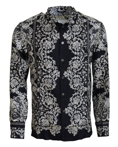 Dolce & Gabbana Blauw Katoenen Overhemd met Bloemenprint en Barokpatroon