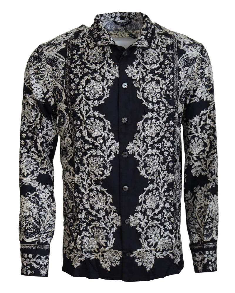 Chemise décontractée en satin de soie bleu à motifs floraux baroque de Dolce &amp; Gabbana