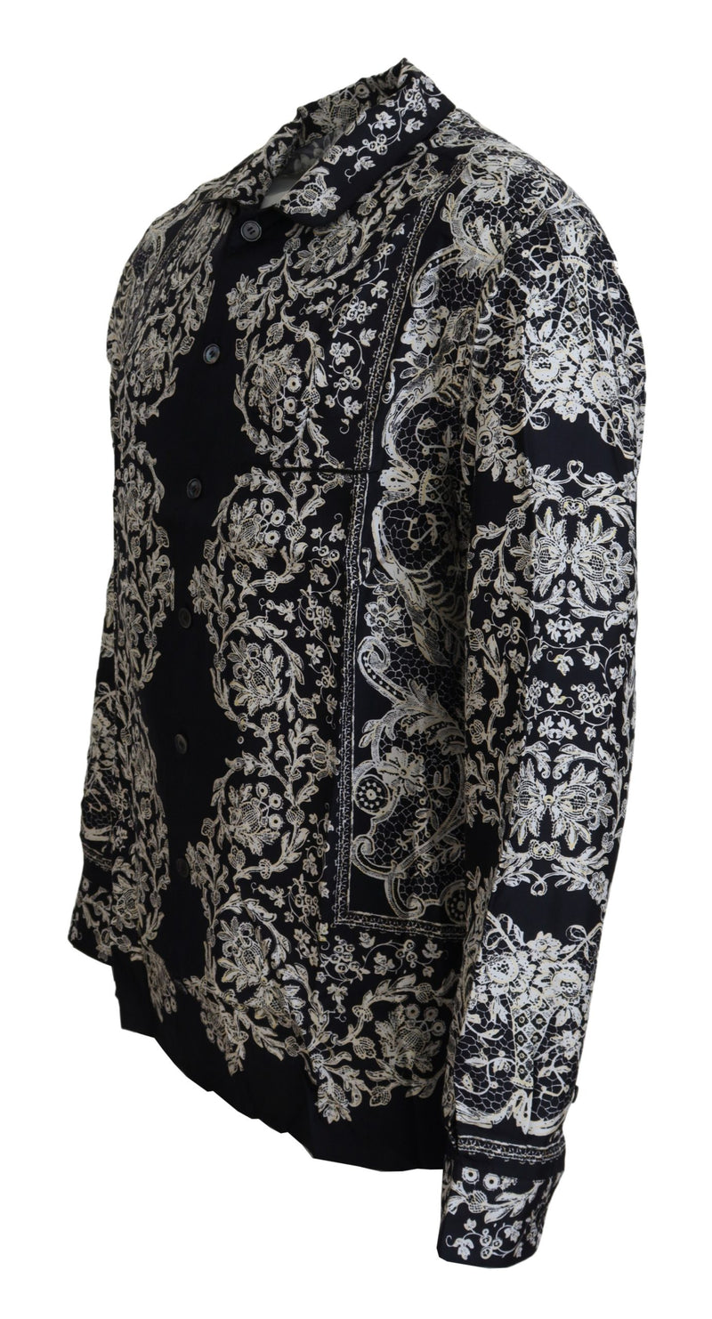 Chemise décontractée en satin de soie bleu à motifs floraux baroque de Dolce &amp; Gabbana