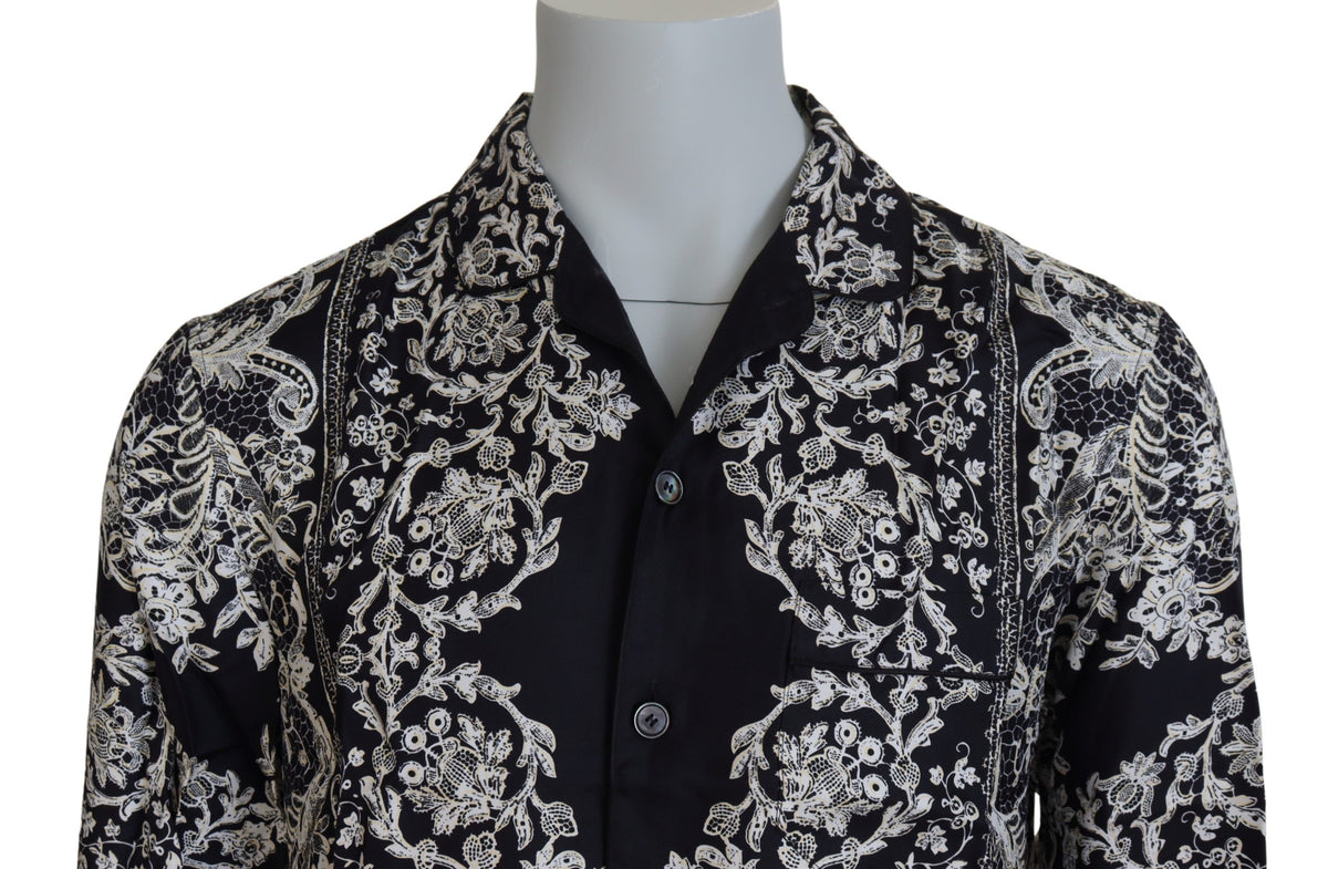 Chemise décontractée en satin de soie bleu à motifs floraux baroque de Dolce &amp; Gabbana