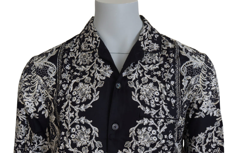 Chemise décontractée en satin de soie bleu à motifs floraux baroque de Dolce &amp; Gabbana