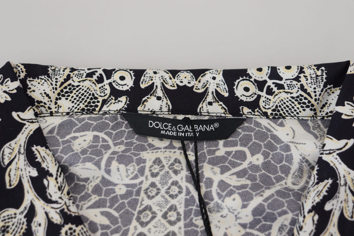 Chemise décontractée en satin de soie bleu à motifs floraux baroque de Dolce &amp; Gabbana
