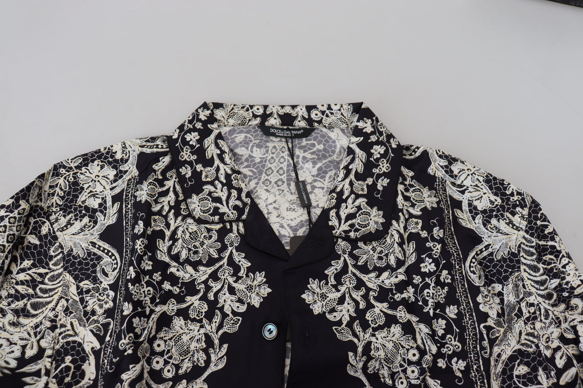 Chemise décontractée en satin de soie bleu à motifs floraux baroque de Dolce &amp; Gabbana