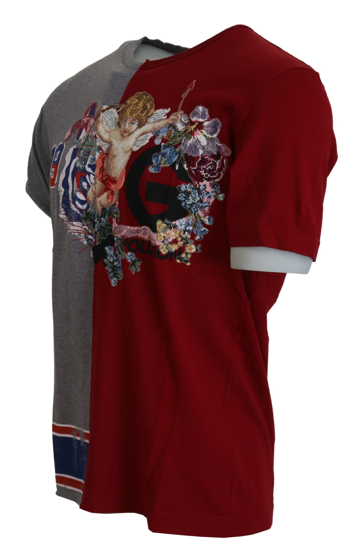 T-shirt à col rond Dolce & Gabbana, rouge et gris, modèle DG Angel, deux modèles.