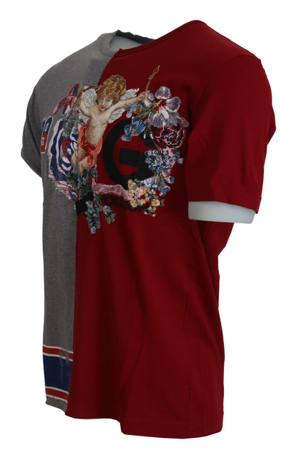 T-shirt à col rond Dolce & Gabbana, rouge et gris, modèle DG Angel, deux modèles.